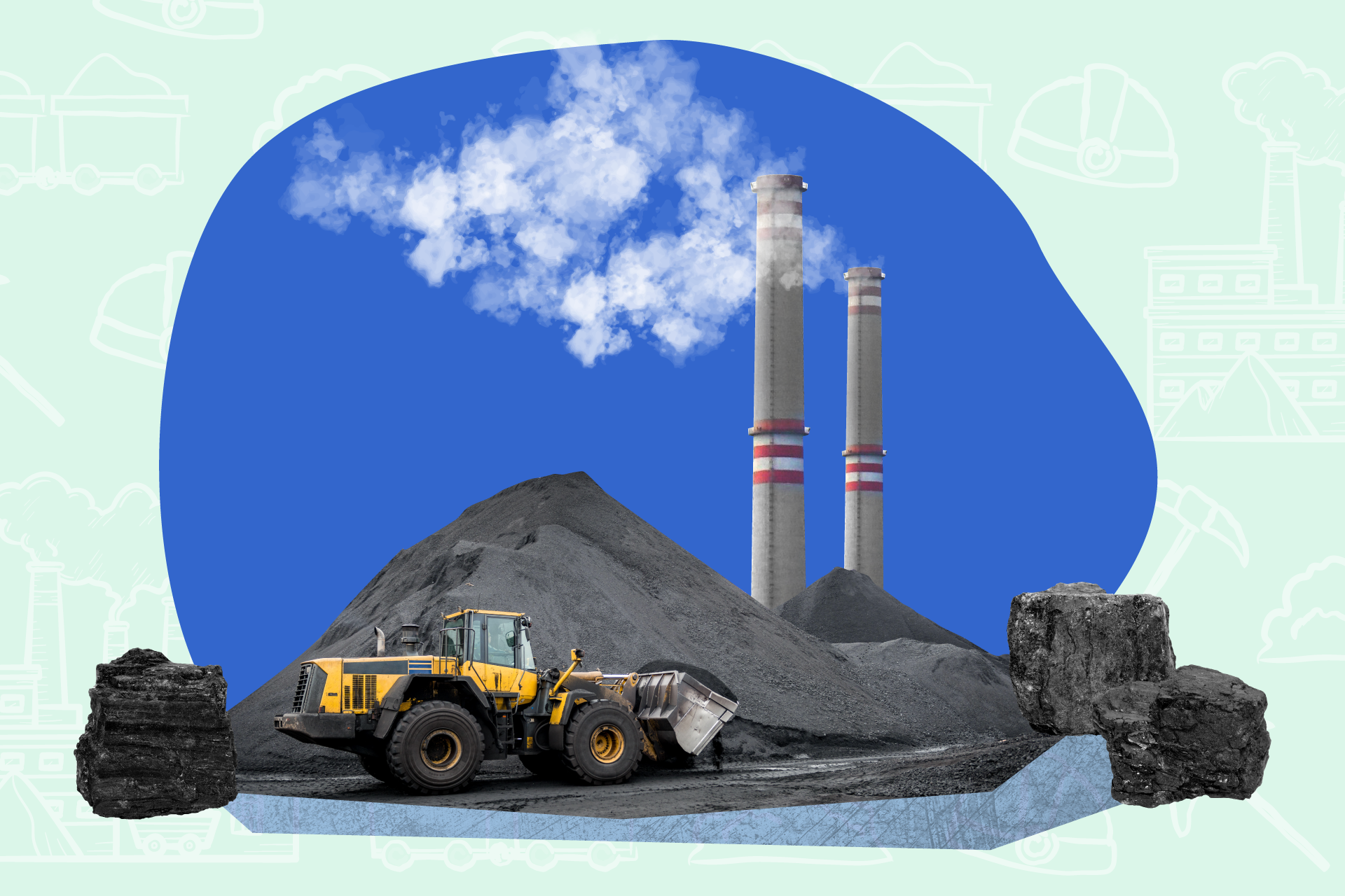 A photo composite of coal pieces, a tractor, coal heaps and smoke stacks.