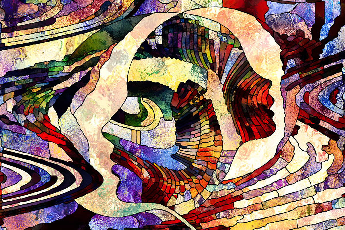 An illustration of two human profiles full of swirls of colour