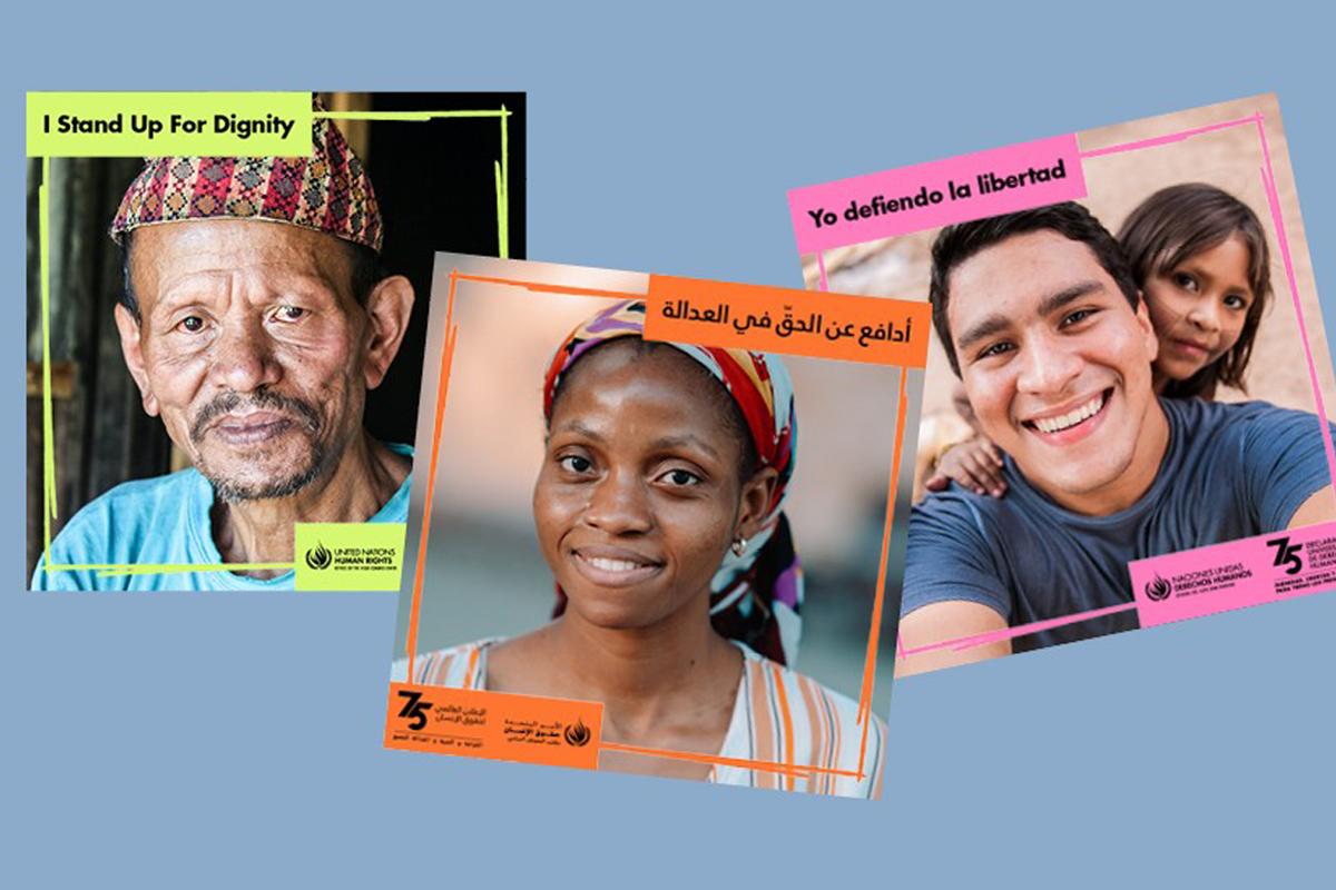 A collage of three portraits of people with campaign human rights slogans, such as “I stand for dignity” in English, Arabic and Spanish.