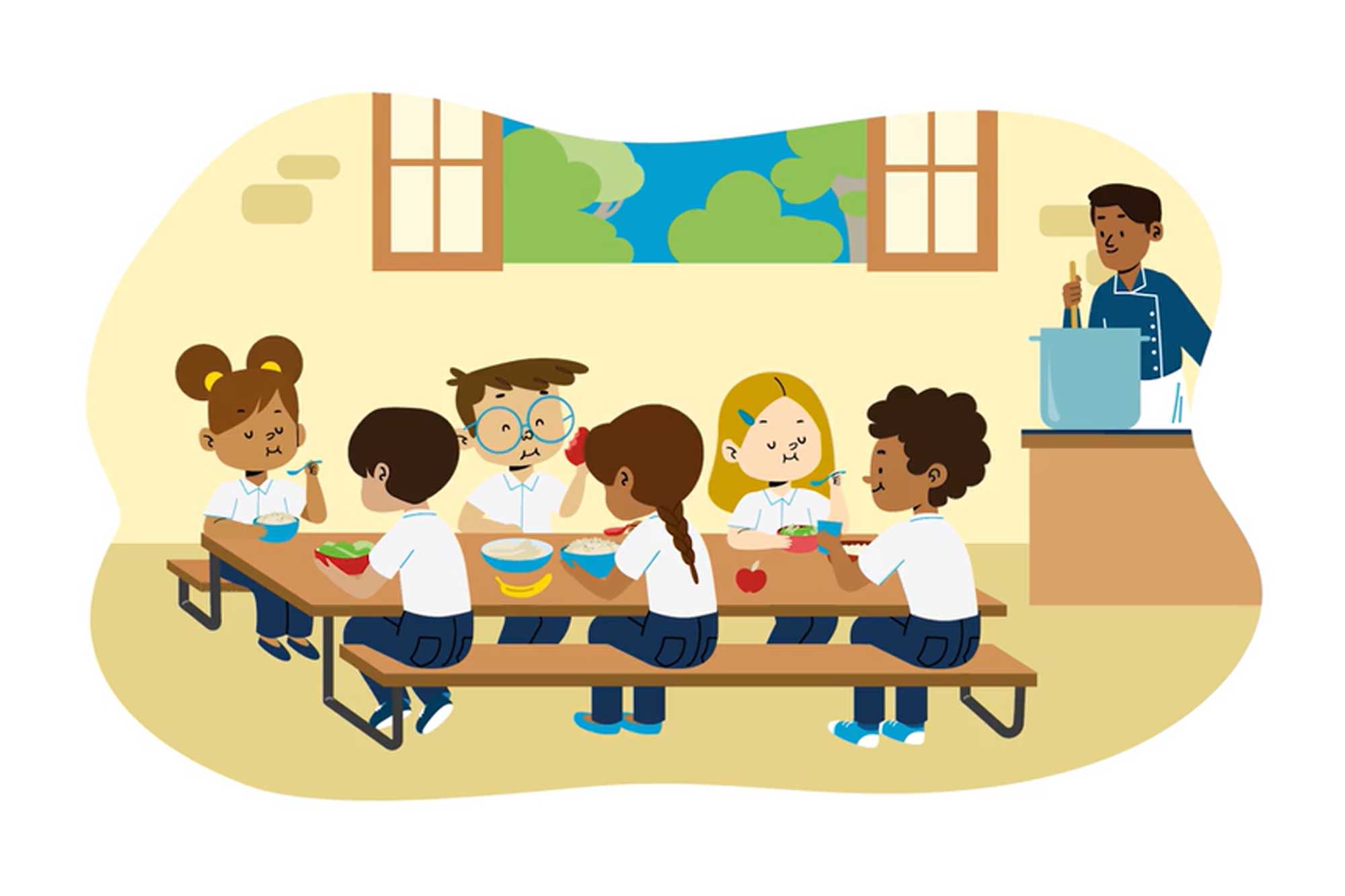 Cartoon of children eating in a school cantine.