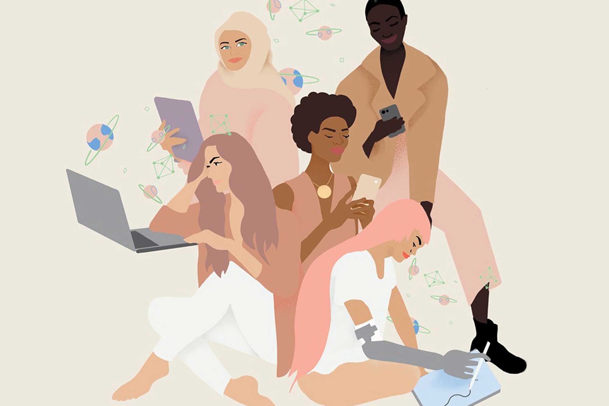 an illustration of women of various ethnic backgrounds working on digital devices