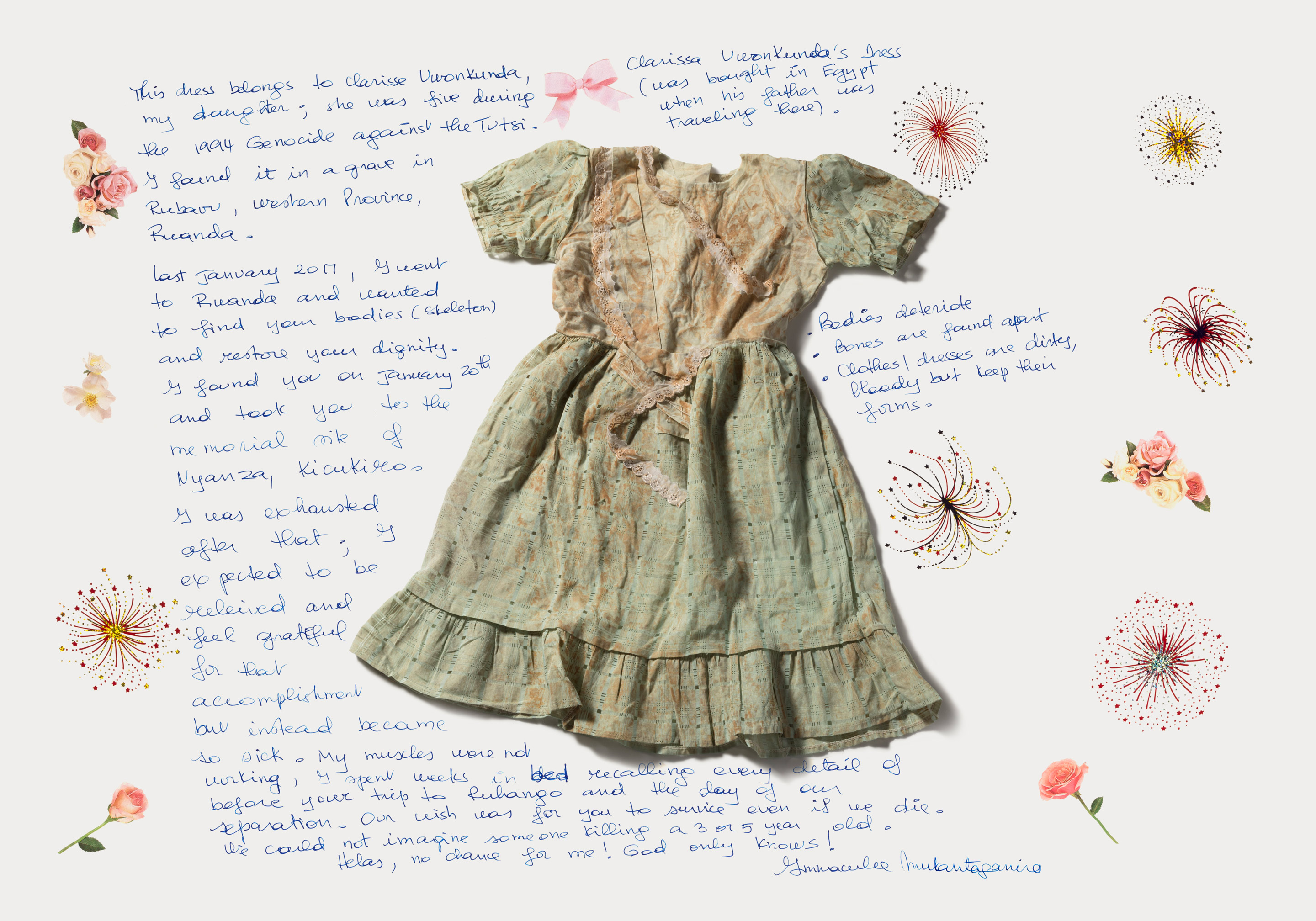 A child's dress is photgraphed. There are writing around it and flowers.