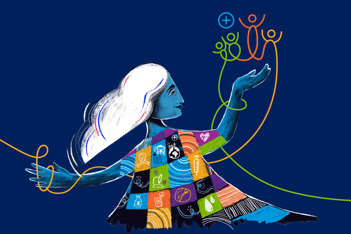 Illustration of a woman wearing a robe with icons representing different health issues