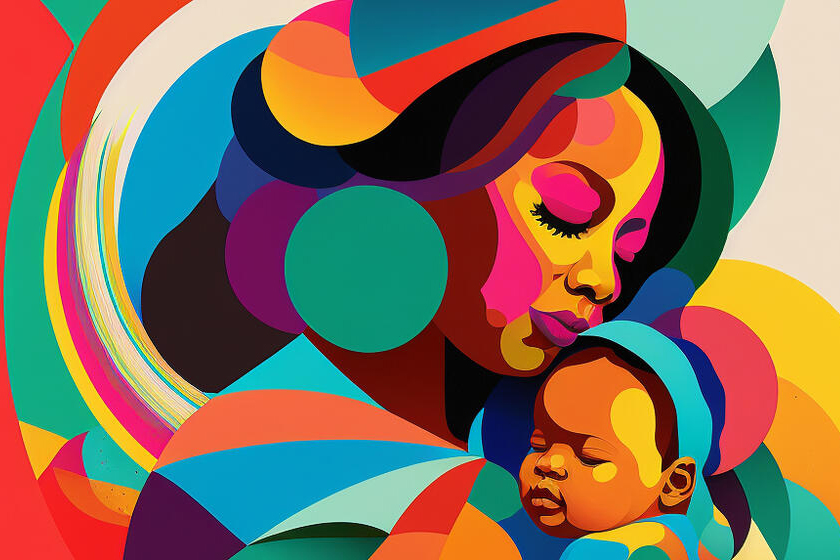 A colorful illustration of a mother holding a baby