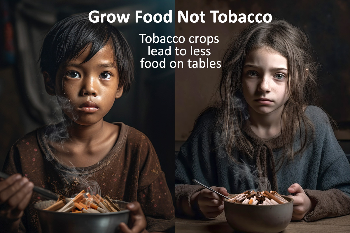 Campaign images of two children at the table in front of a bowl full of cigarettes instead of food.