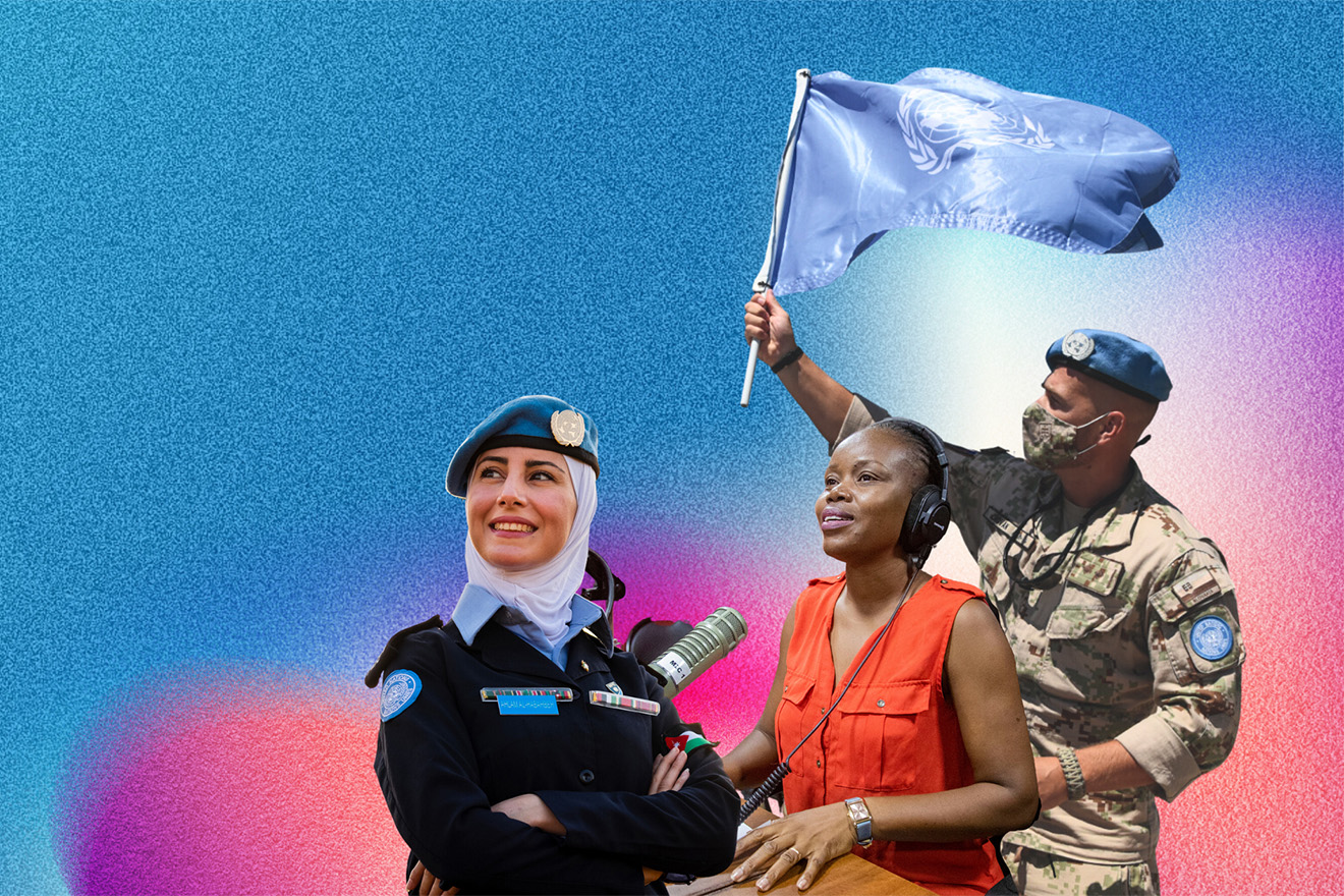 75th anniversary of peacekeeping poster representing police, radio and military officers and a UN flag.