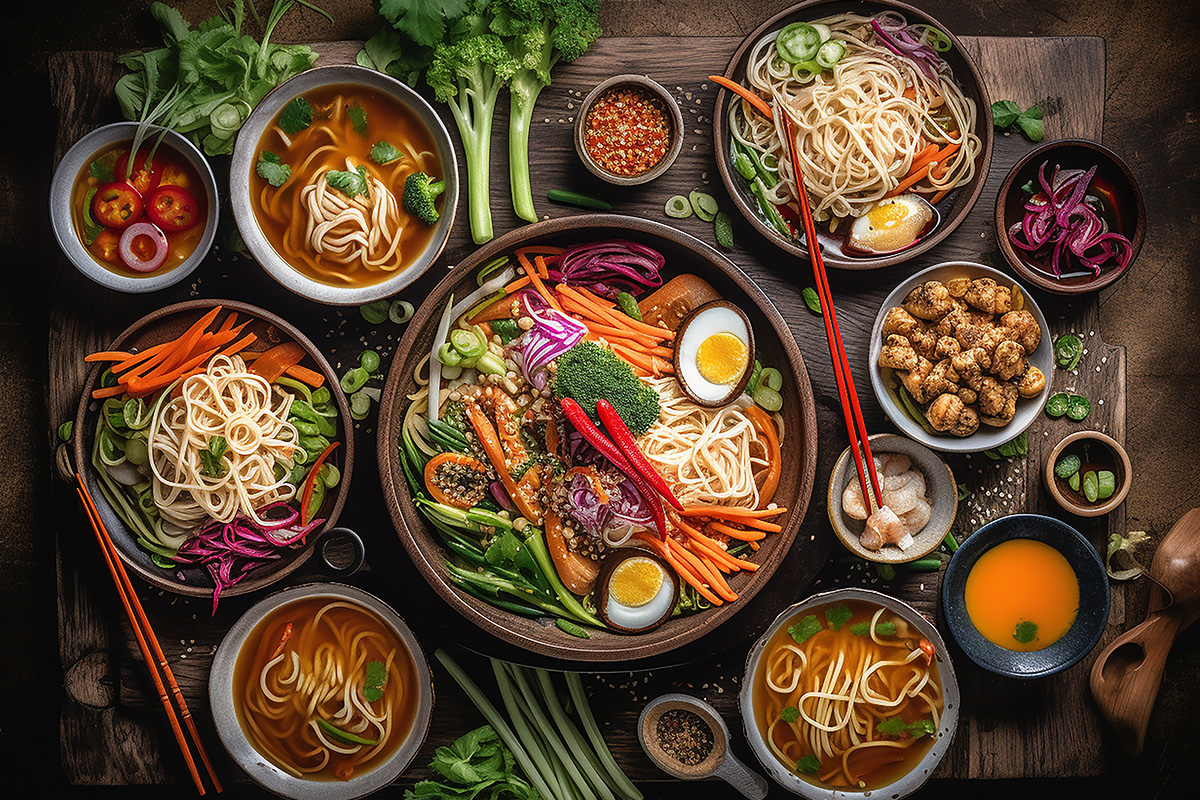 Many plates with soup, noodles, boiled eggs and many fresh vegetables – seen from above.