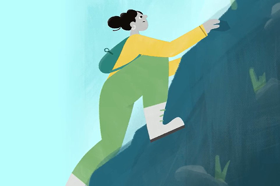 An illustration of a woman climbing uphill. 