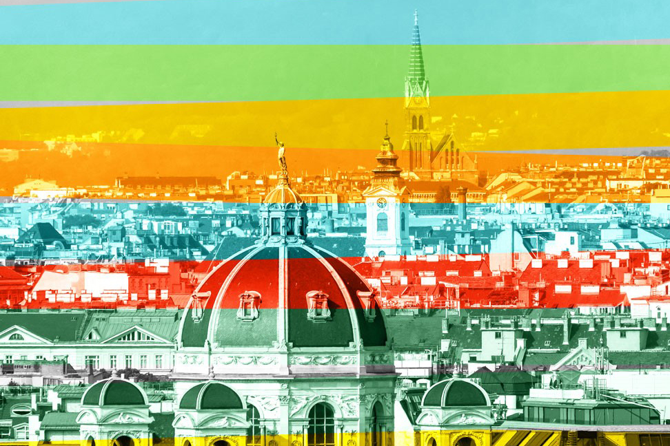A view of Vienna with different colour stripes stacked horizontally.