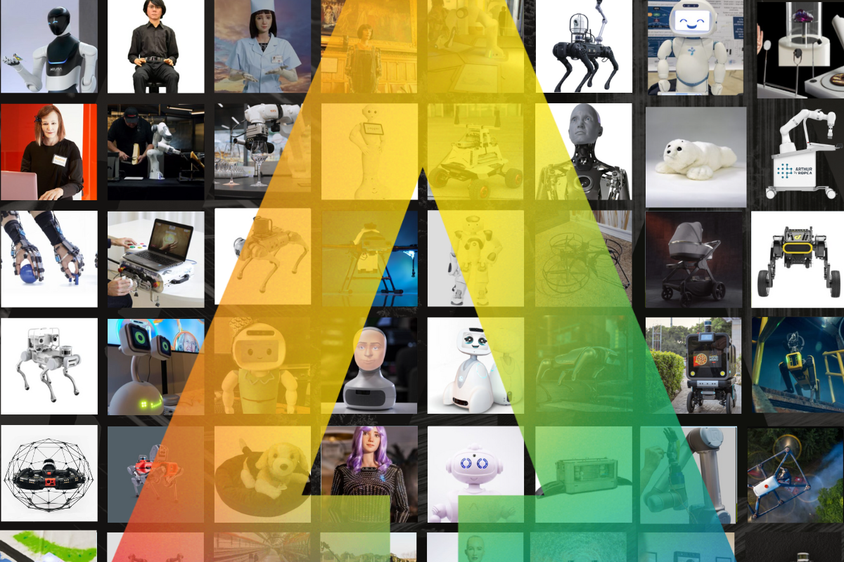 a collage of photos of robots with the semi-transparent AI for Good Summit logo over the images