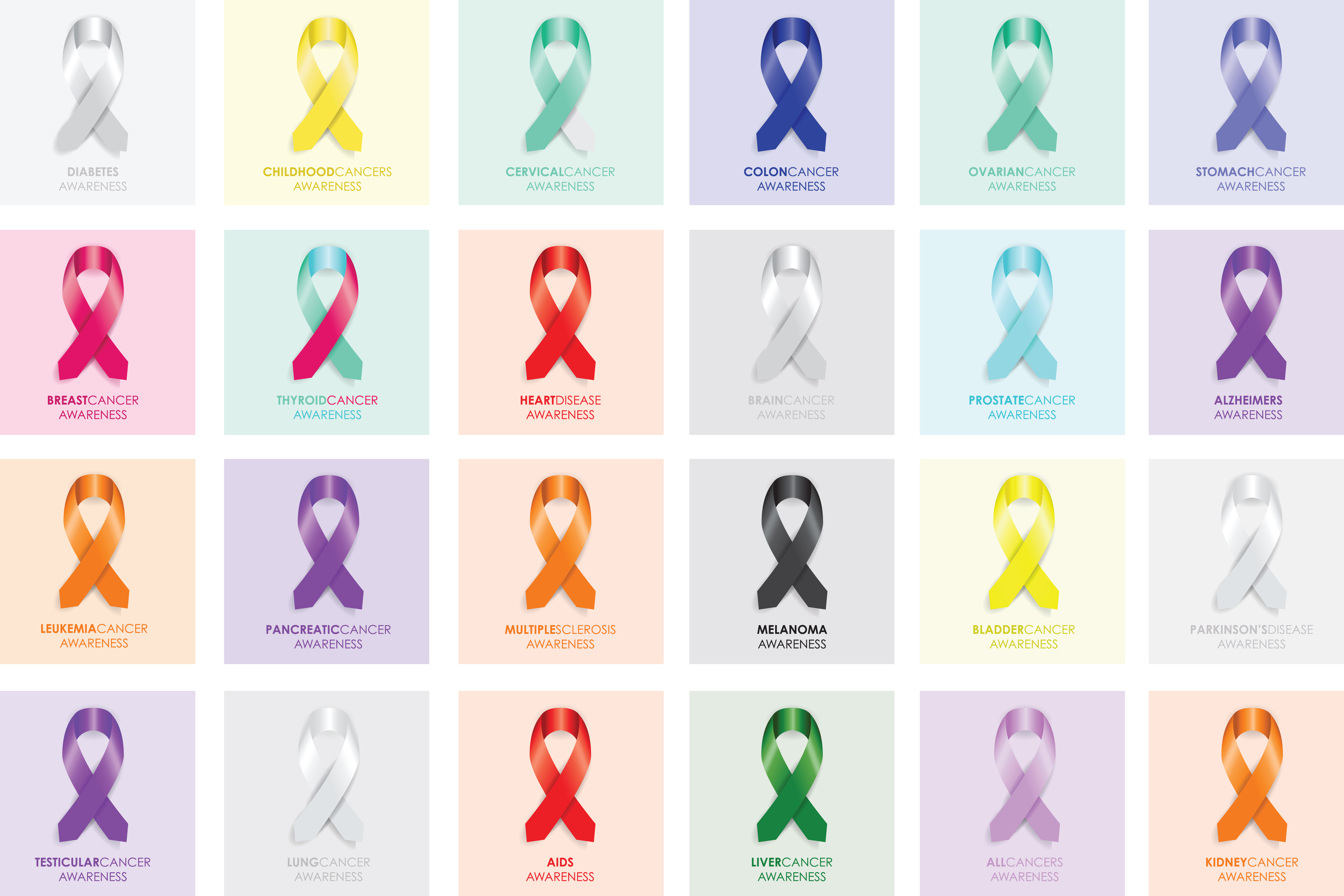 24 ribbons of different colours that represent awareness of the different types of cancers.