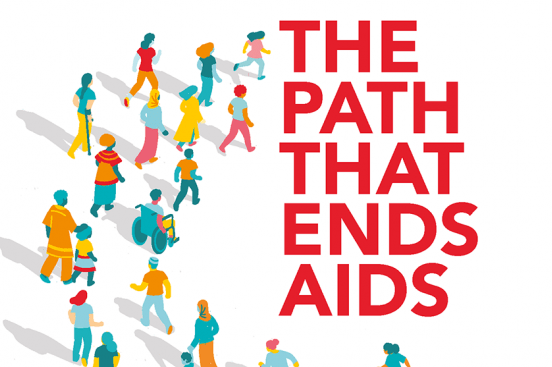 Illustration that reads – The Path that Ends Aids – surrounded by people passing by