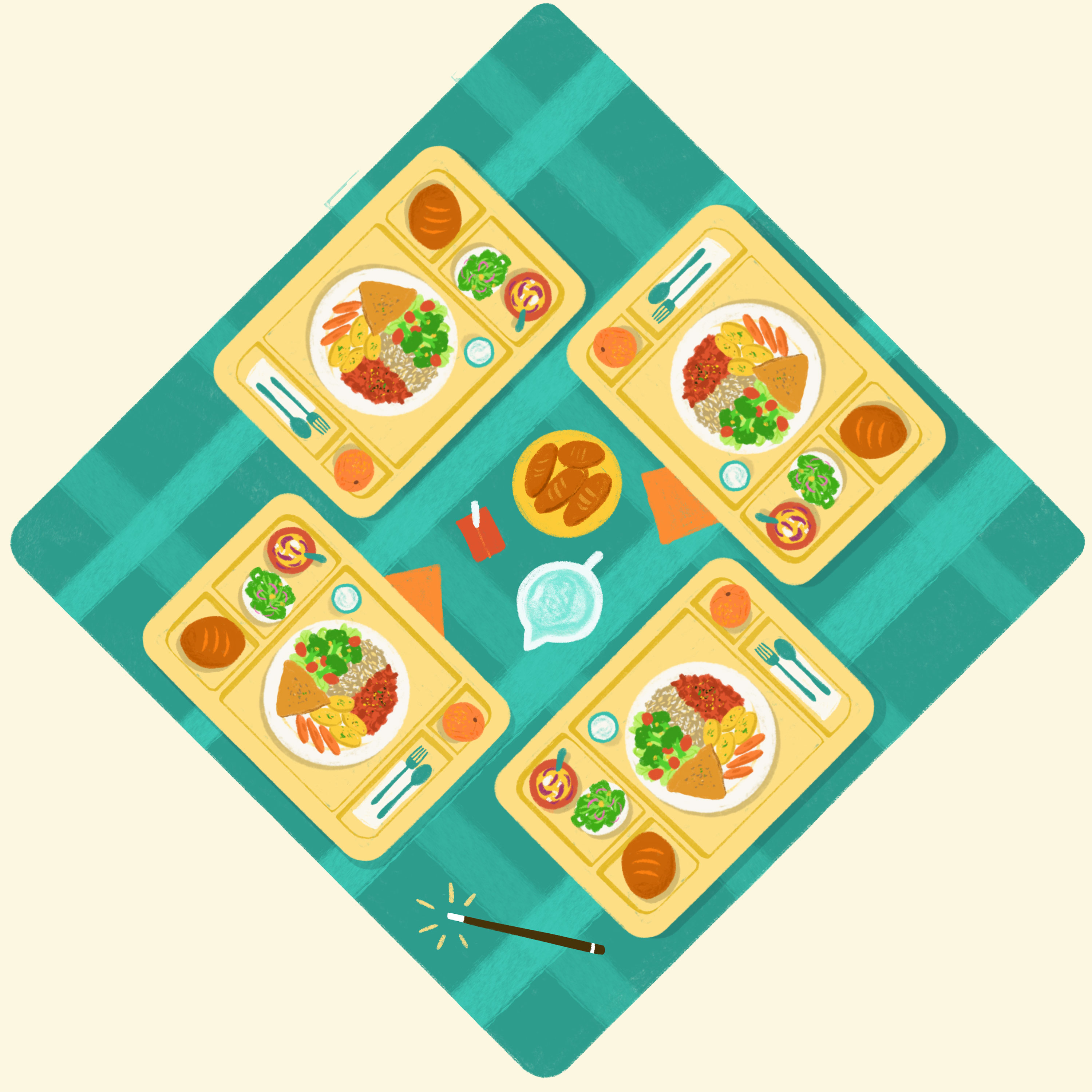 An illustration of a dinner setting with food. 