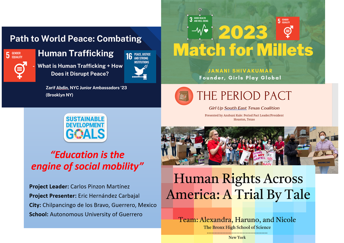 UN Act Now campaign screen shots of 5 student presentations