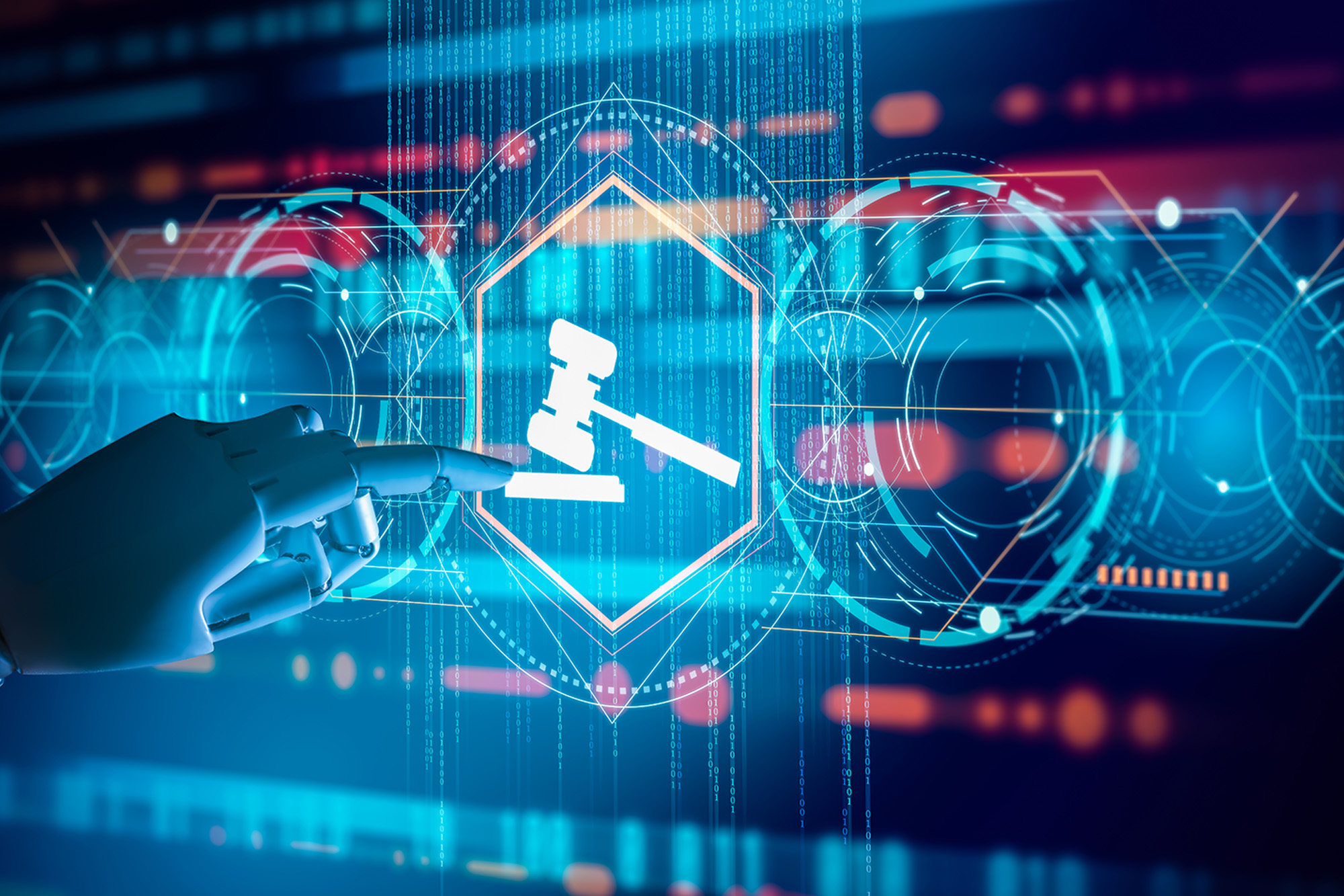 Robot hand touching a Compliance Rules Law Regulation Policy Business Technology Interface.