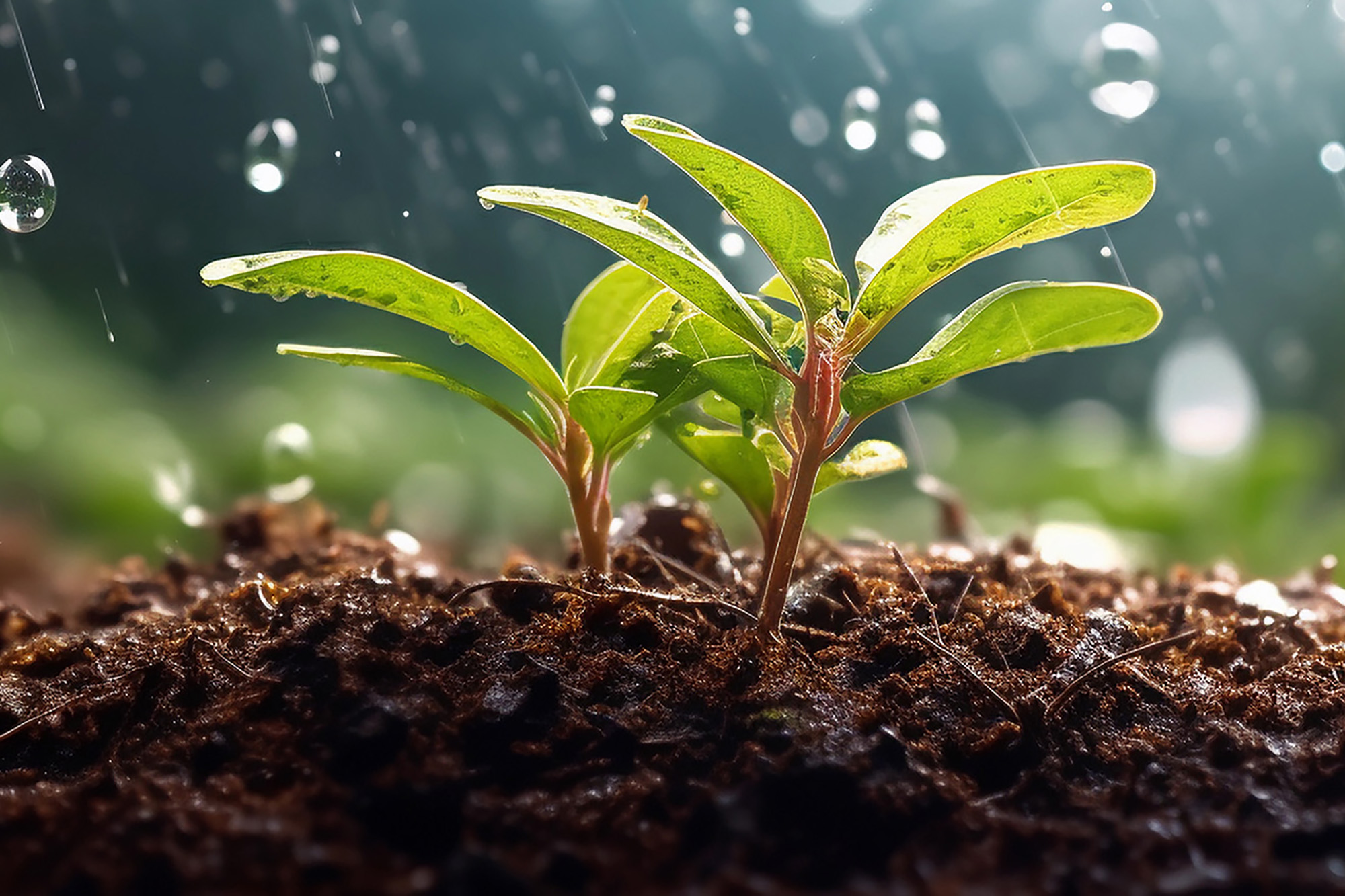 Crops in fertile soil under the rain