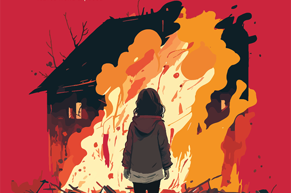 Illustration du rapport sur le déficit de l'adaptation au climat représentant un enfant de dos regardant une maison en flamme