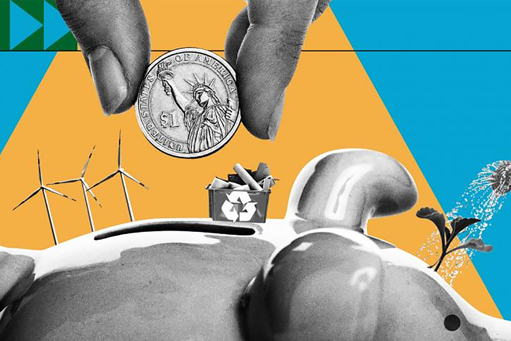 A hand inserting a coin into a piggy bank, symbolizing saving money for the future, surrounded by windmills, a recycle box, and a watered plant. 