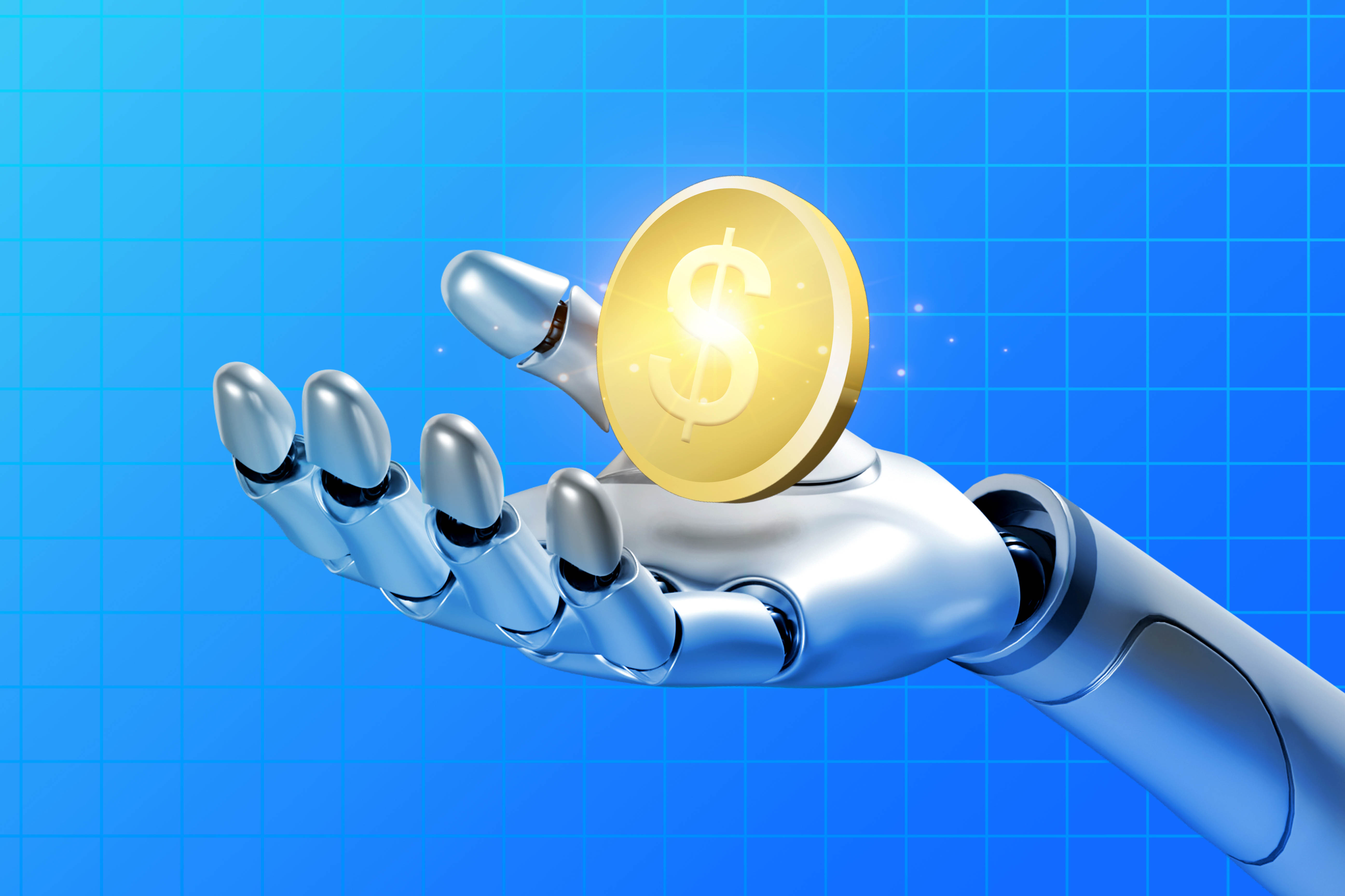 Une main de robot tenant une pièce de monnaie