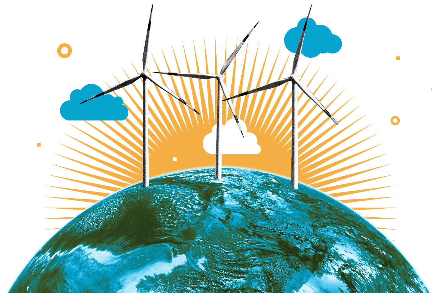 Illustration depicting planet Earth with windmills and a rising sun in the background