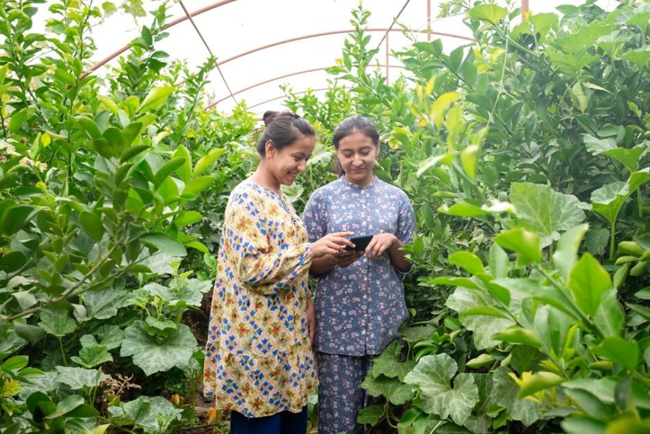two women in a greenhouse looking at cell phone