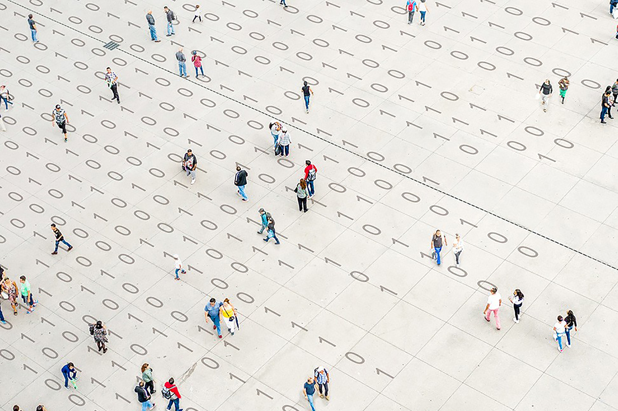 Crowd walking over binary code.