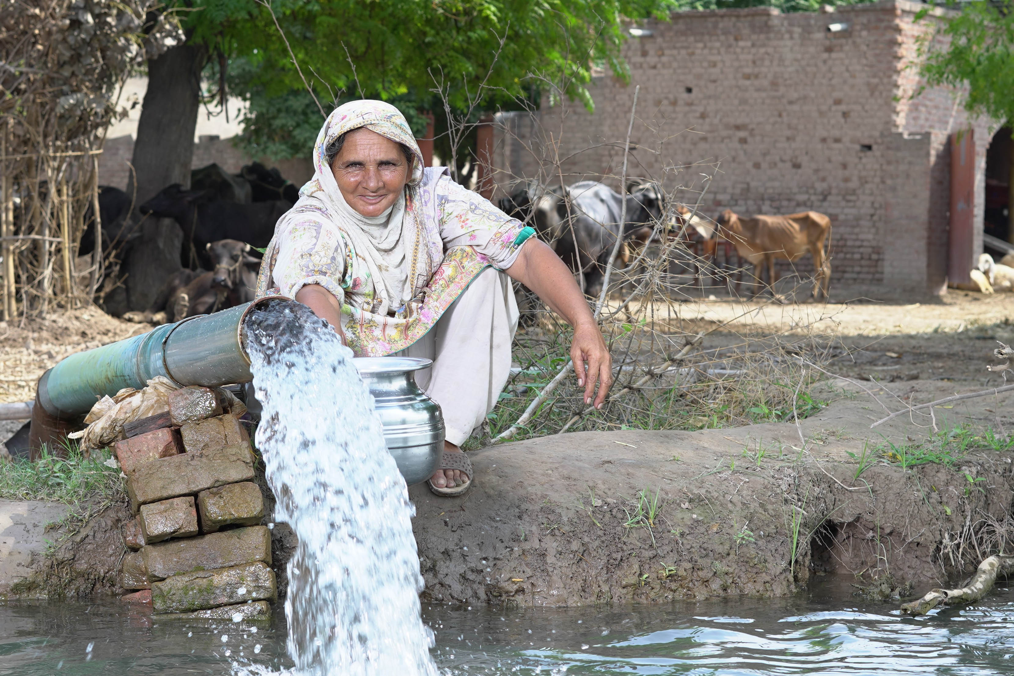 A farmer enjoying water from a solar-powered well