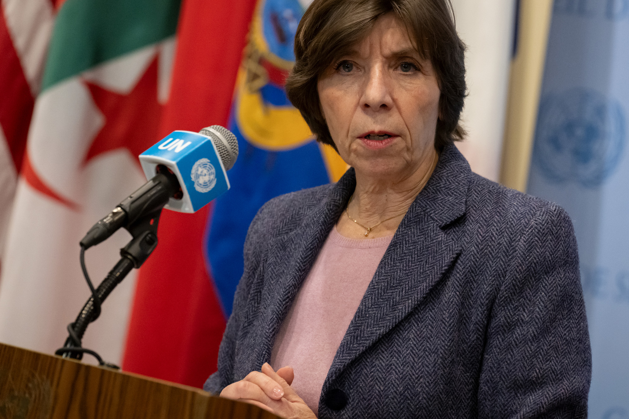 Medium shot of the Chair of the Independent Review Group on the United Nations Relief and Works Agency briefing the reporters.