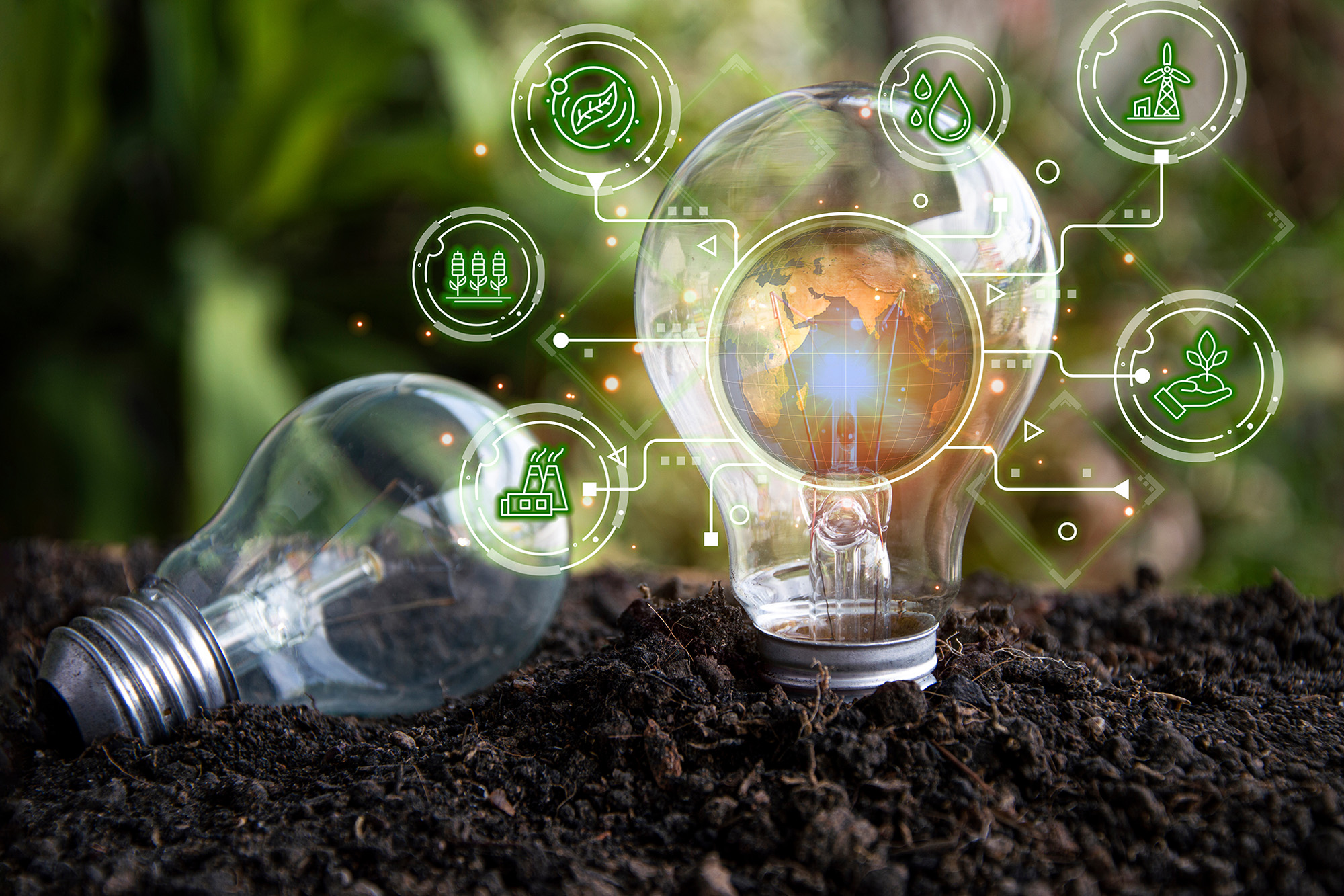 Image of a light bulb plugged into the earth with symbols of production sectors coming out of a globe in the middle of it.