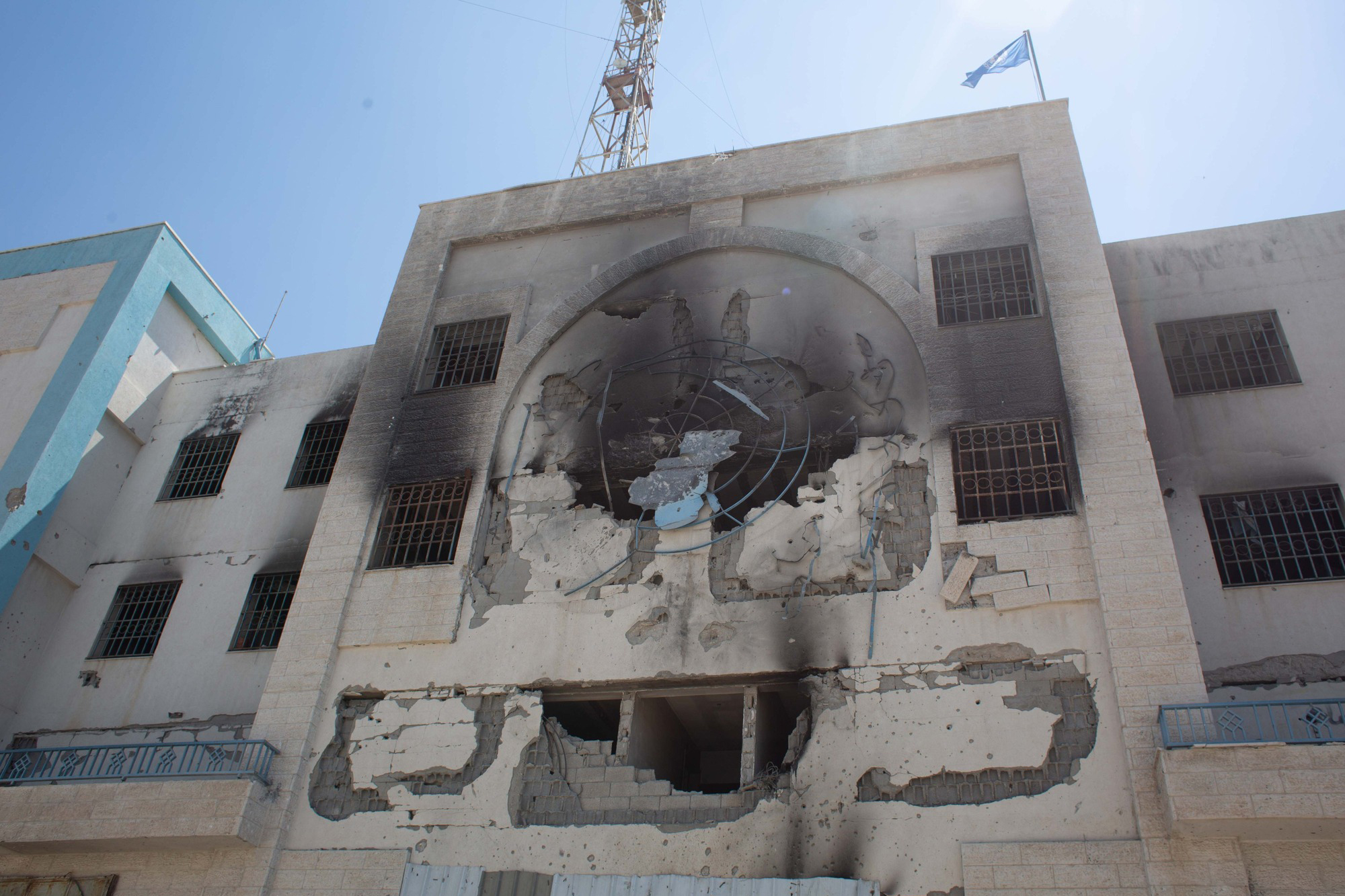 A UN compound in Gaza hit by Israeli shelling.
