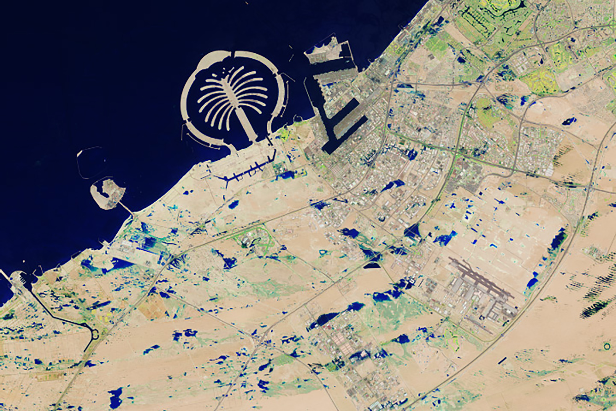 A storm hitting major cities in the Arabian Peninsula as seen from Earth-observing satellites.