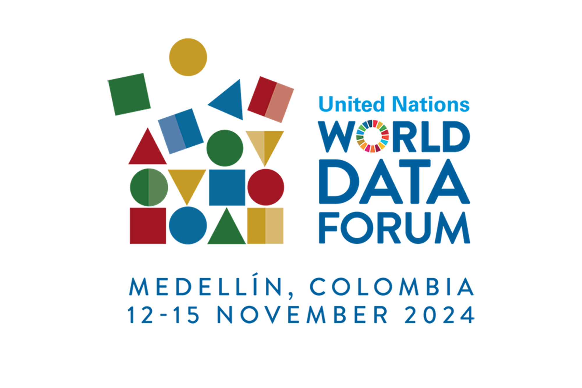The World Data Forum logo is made up of circles, squares and triangles of different colours that come together in random order.