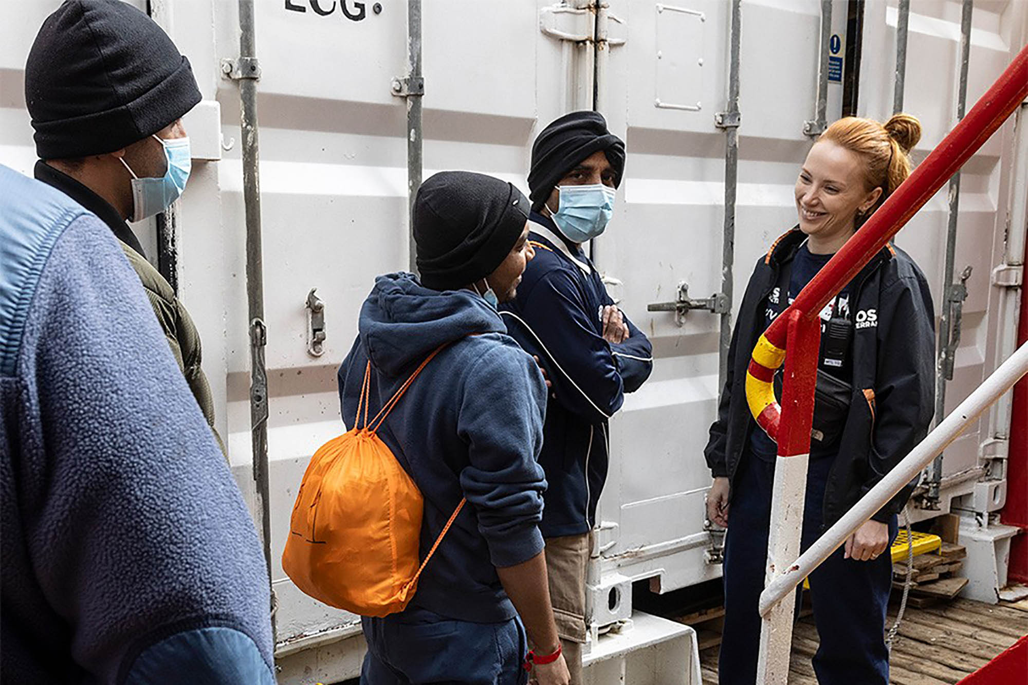 The crew of the Ocean Viking, a ship operated by SOS Méditerranée, a European humanitarian organisation dedicated to maritime rescue in the Mediterranean. 