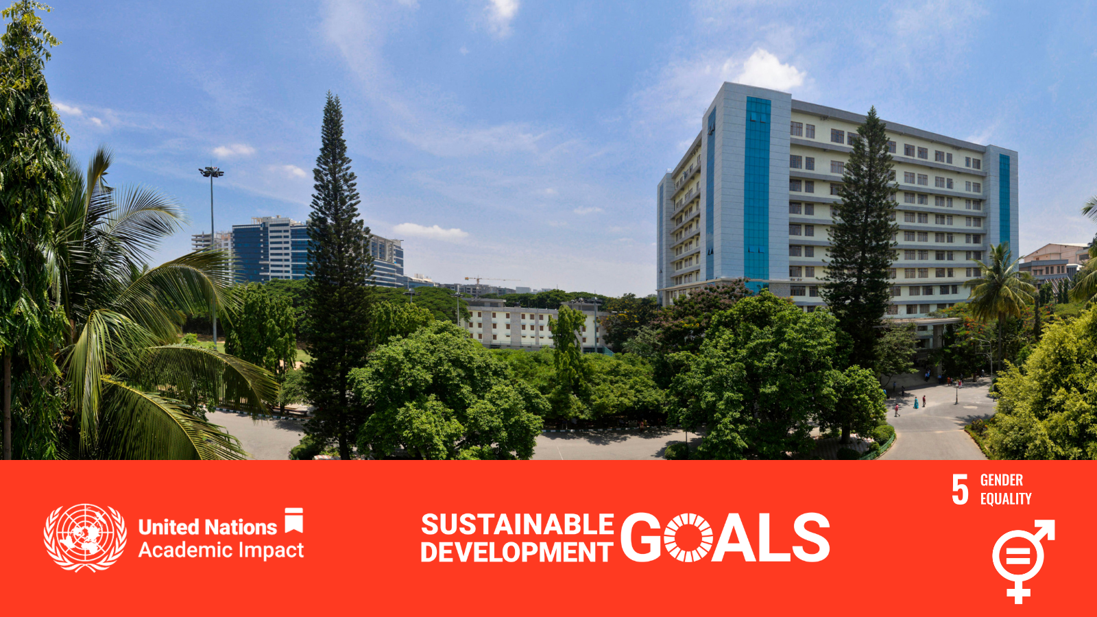 Campus of CHRIST University with a banner of SDG 5 under it.
