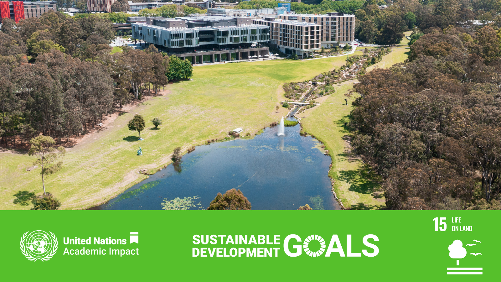 Campus of Macquarie University with a banner of SDG 15 under it.