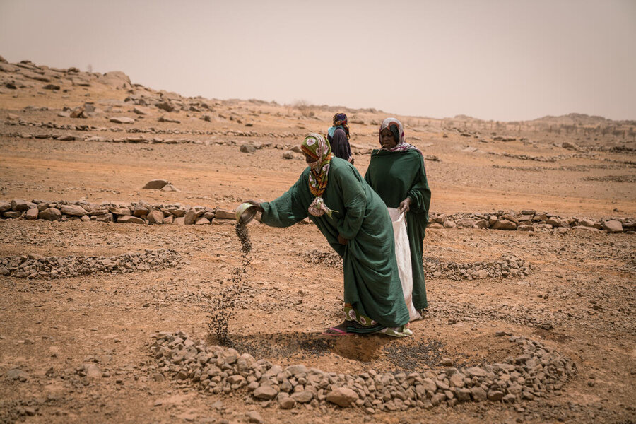 Deux agricultrices construisent des demi-lunes avec des pièrres sur un terrain aride