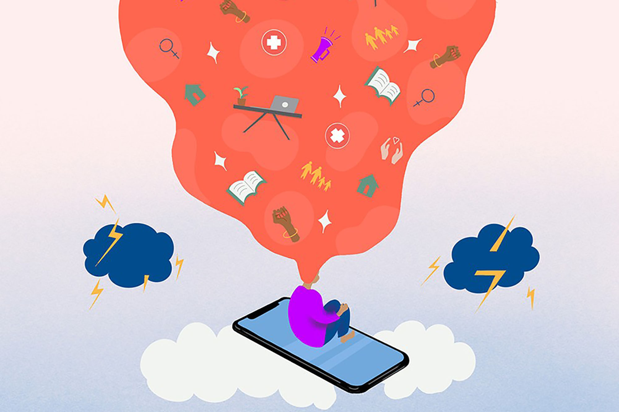 A human figure sits on a cell phone in the sky, surrounded by a thunderstorm, and dreams about multiple objects, such as books, computers, and symbols of power and feminism.