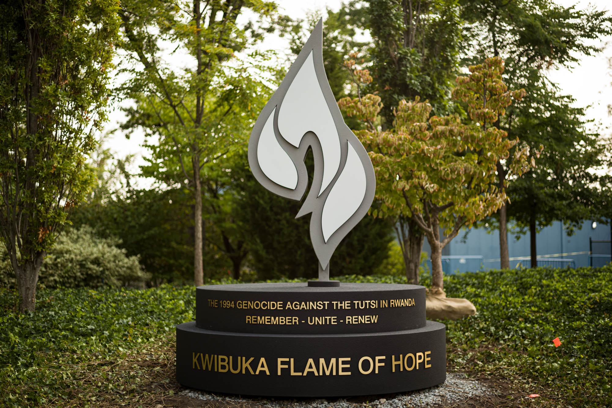 A sculpture at UN headquarters in New York depicting a white colored flame symbolizes the resilience and courage of the Rwandan people since the 1994 genocide against the Tutsi in Rwanda.