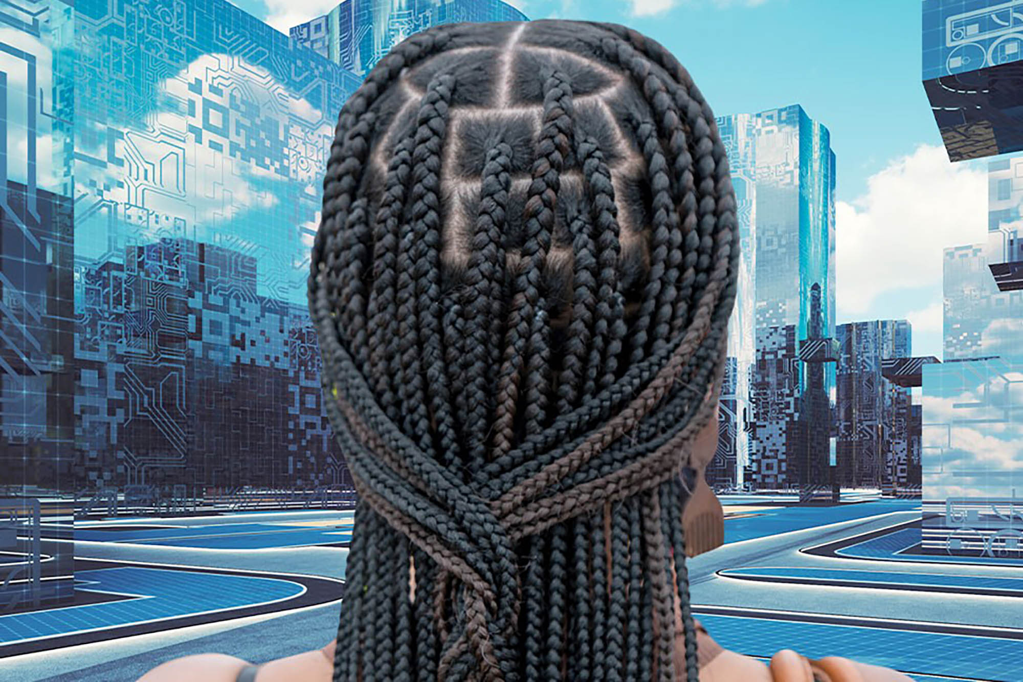 Back of a person's head with braided hair and background featuring a futuristic cityscape with tall, reflective buildings that have circuit-like patterns on their surfaces.