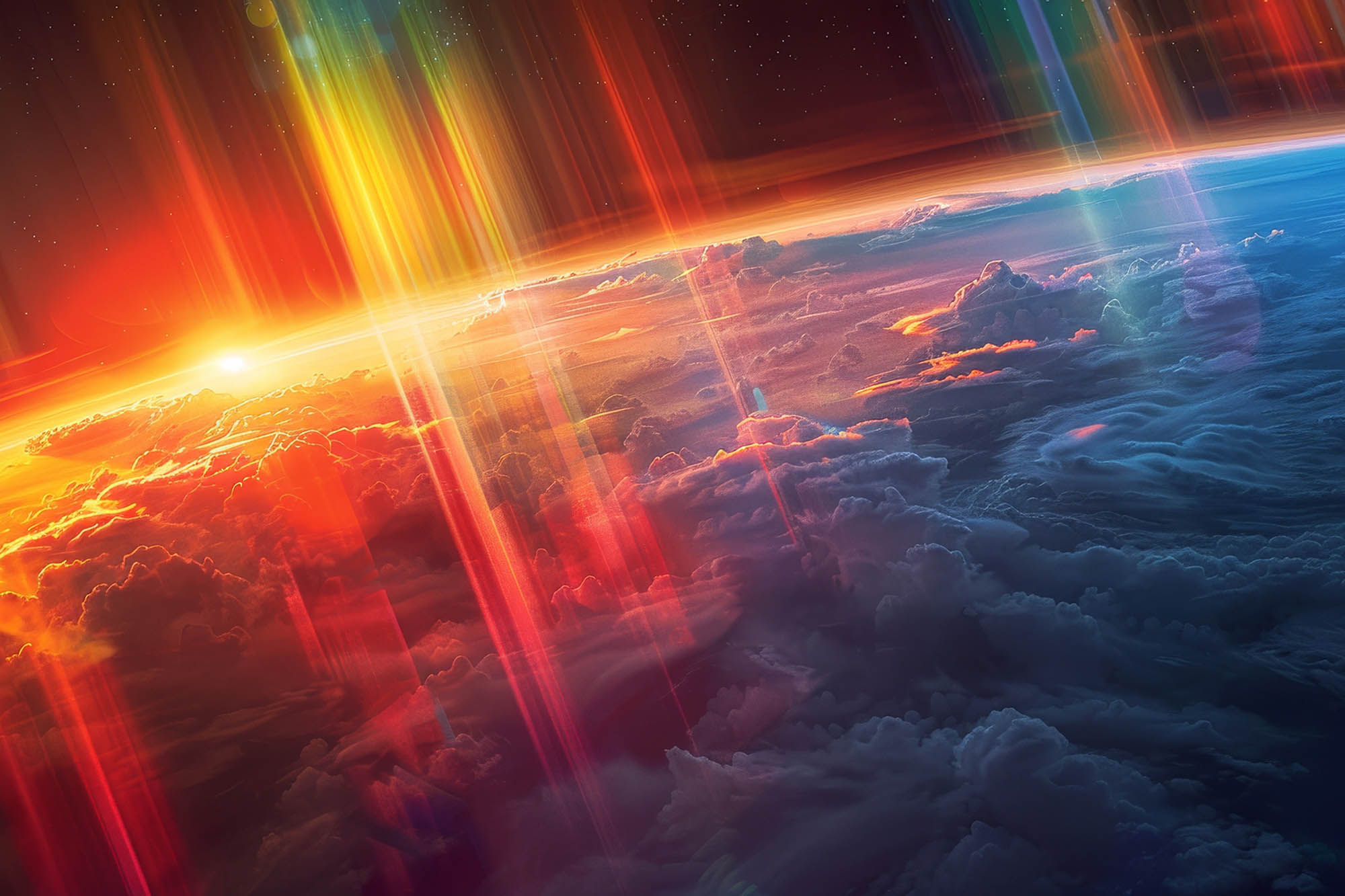 A view of Earth’s atmosphere from space, featuring a dramatic sunrise on the horizon, illuminated clouds, and vertical streaks of multicolored light.