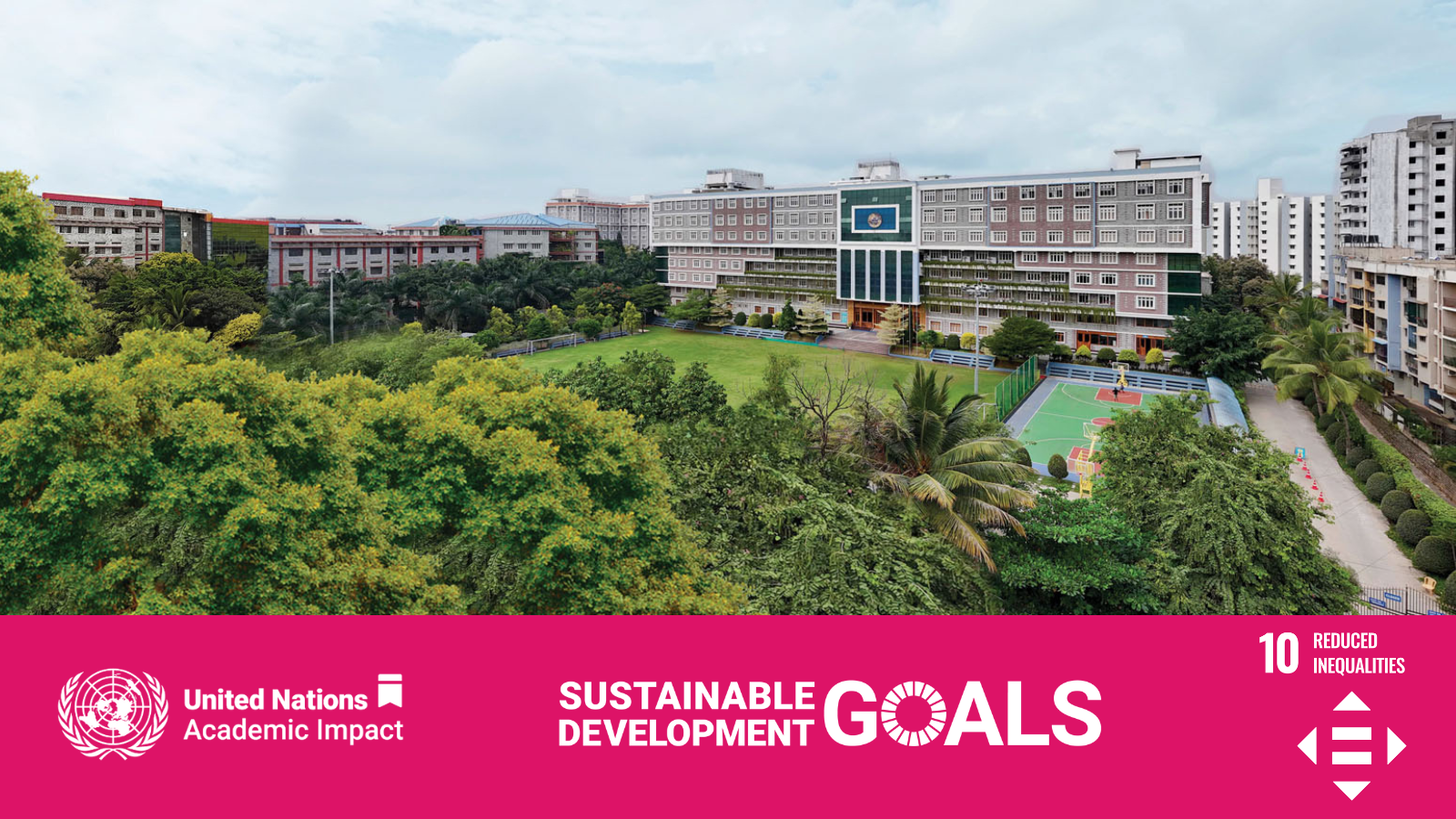 Campus of Kristu Jayanti University of with a banner of SDG 10 under it.