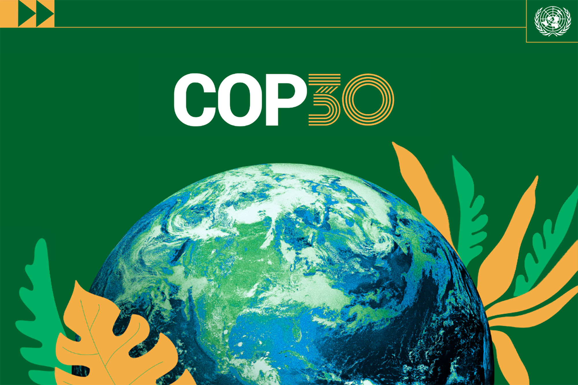 tropical leaves surrounding the Earth globe in a green background with the title of the conference COP30 and the UN logo.