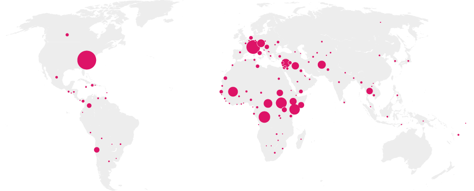 World map showing the many locations of United Nations offices.