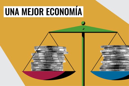 Fotocomposición: Una balanza con monedas y las palabras: Una economía mejor