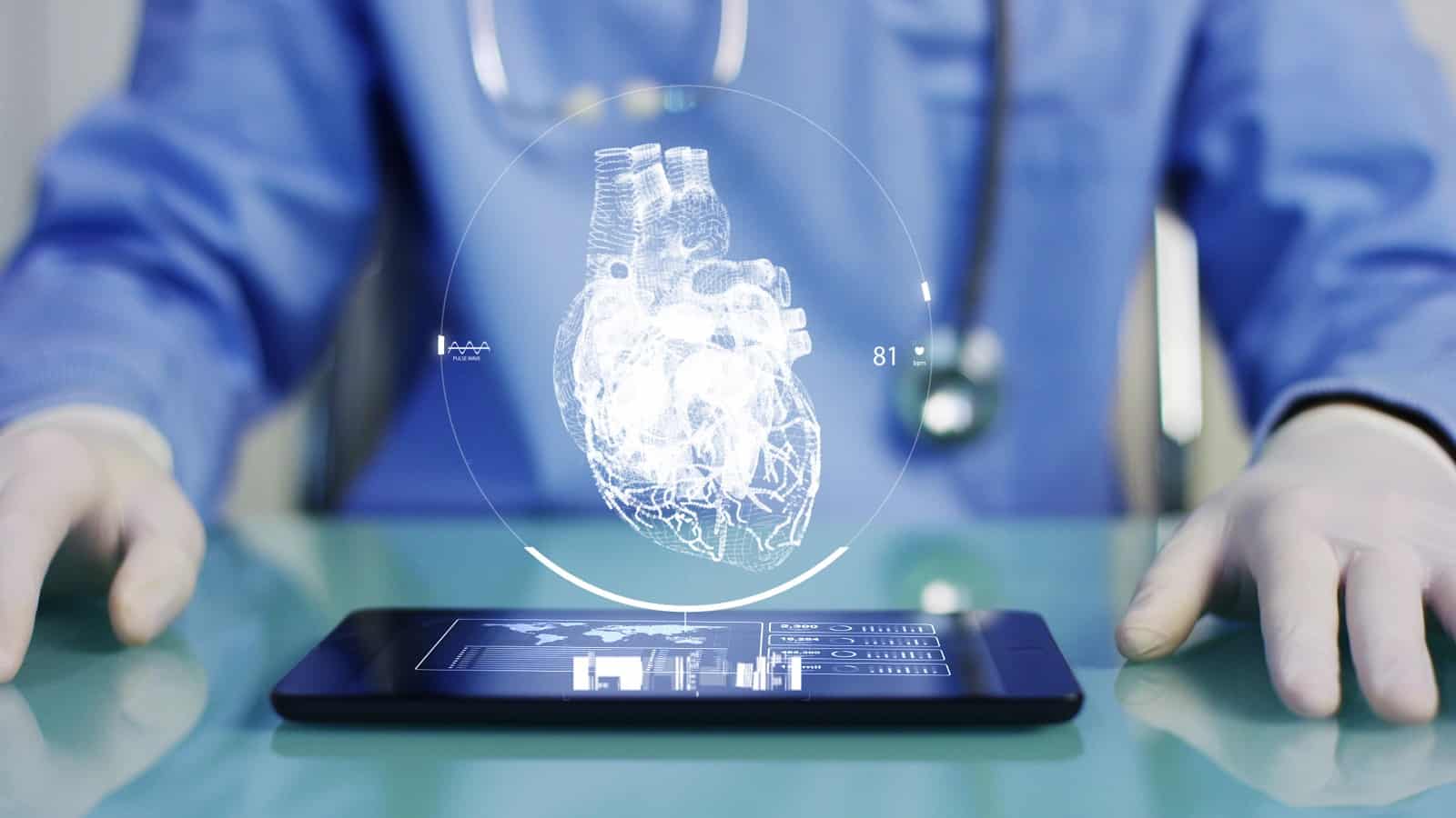 hologram of human heart over mobile device