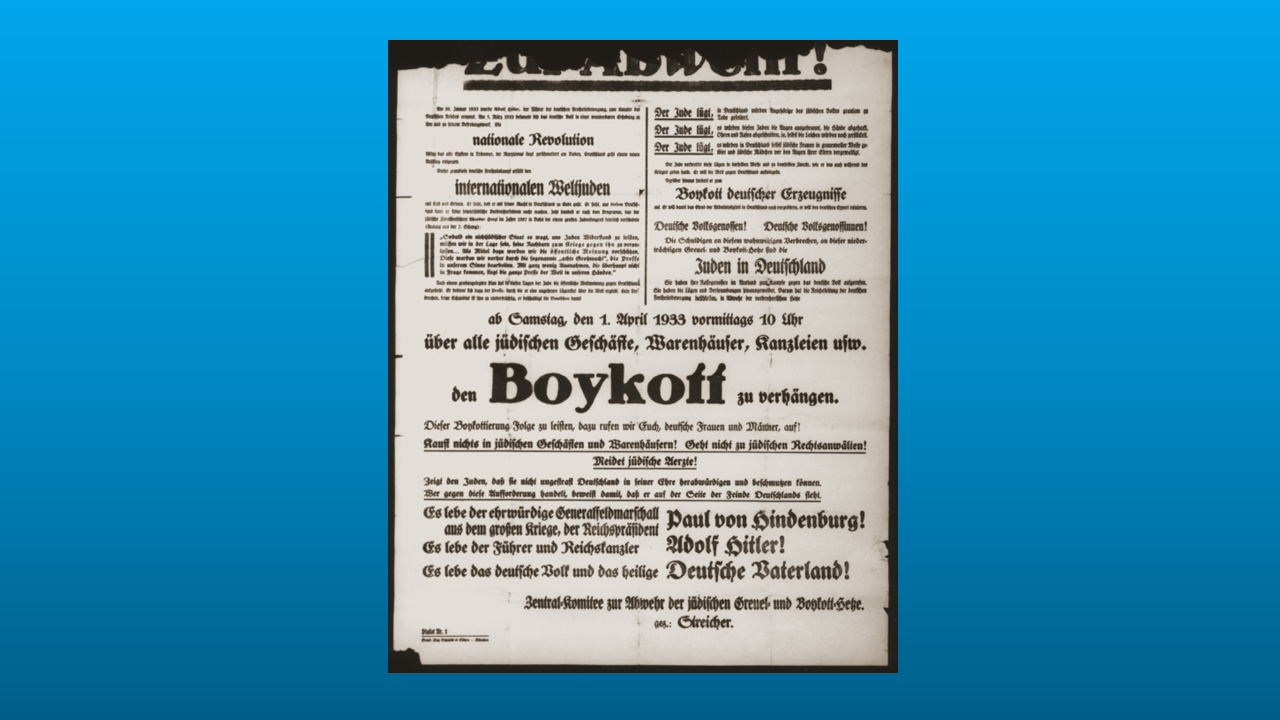 A Public Notice instructing Germans to  protect themselves against Jews by boycotting Jewish businesses and Jewish professionals on 1 April 1933.