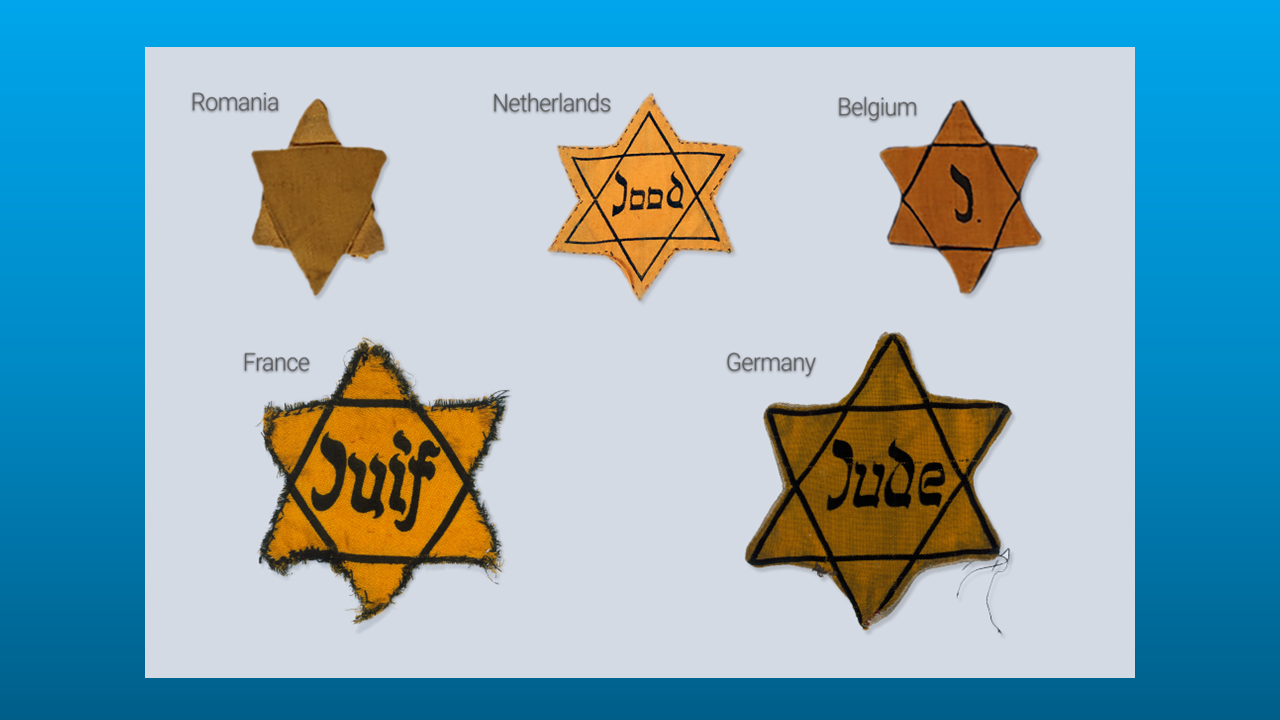 Badges Jews were forced to wear in Romania, Netherlands, Belgium, France, and Germany.