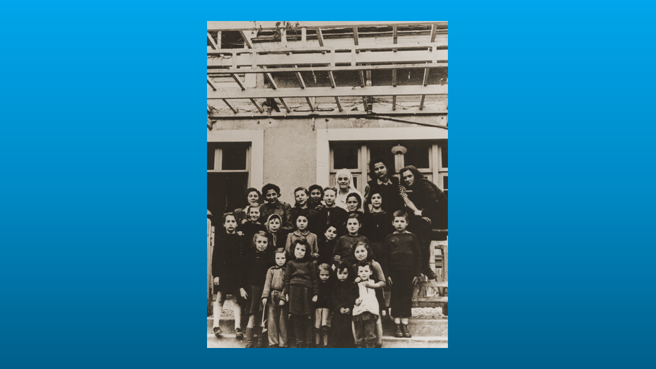 Group portrait of Jewish DP girls living at a children’s home in Fublaines, France under the auspices of Rescue Children, Inc. 
