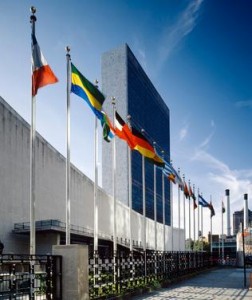 UN Headquarters with flags flying