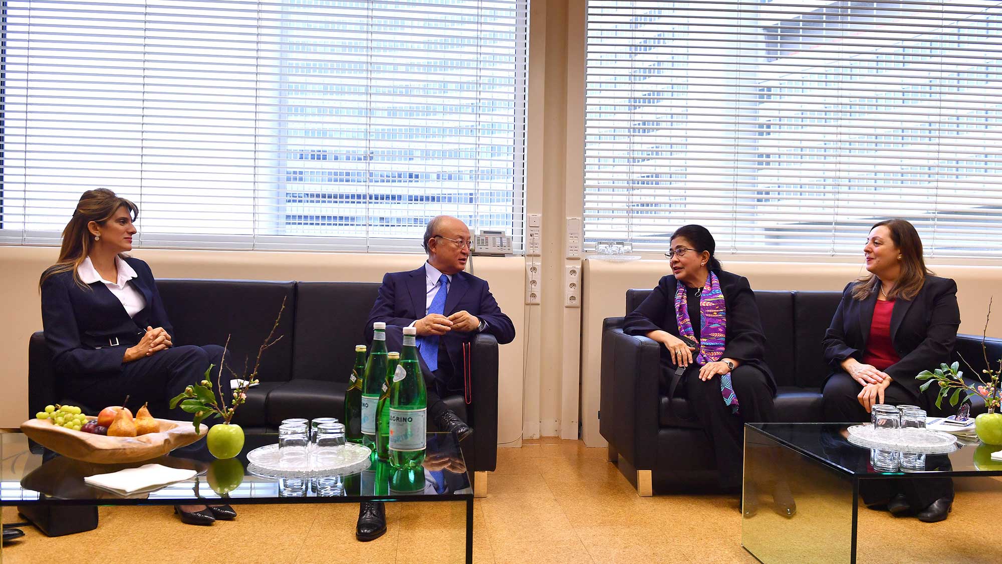two couches side by side one seating May and Nila F. Moeloek the other seating Yukiya Amano and HRH Princess Dina Mired